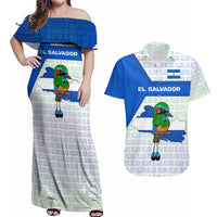 El Salvador National Symbol Couples Matching Off Shoulder Maxi Dress and Hawaiian Shirt with Torogoz Bird and Flag Map Design - Wonder Print Shop