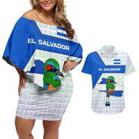 El Salvador National Symbol Couples Matching Off Shoulder Short Dress and Hawaiian Shirt with Torogoz Bird and Flag Map Design - Wonder Print Shop
