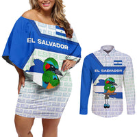 El Salvador National Symbol Couples Matching Off Shoulder Short Dress and Long Sleeve Button Shirt with Torogoz Bird and Flag Map Design - Wonder Print Shop