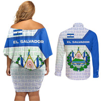 El Salvador National Symbol Couples Matching Off Shoulder Short Dress and Long Sleeve Button Shirt with Torogoz Bird and Flag Map Design - Wonder Print Shop