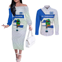 El Salvador National Symbol Couples Matching Off The Shoulder Long Sleeve Dress and Long Sleeve Button Shirt with Torogoz Bird and Flag Map Design - Wonder Print Shop
