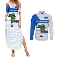 El Salvador National Symbol Couples Matching Summer Maxi Dress and Long Sleeve Button Shirt with Torogoz Bird and Flag Map Design - Wonder Print Shop