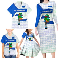 El Salvador National Symbol Family Matching Long Sleeve Bodycon Dress and Hawaiian Shirt with Torogoz Bird and Flag Map Design - Wonder Print Shop