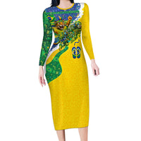 Brazil Football World Champions 2026 Long Sleeve Bodycon Dress Brasil Futebol - Jaguar Mascot - Vibrant Carnival Style