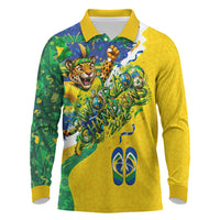 Brazil Football World Champions 2026 Long Sleeve Polo Shirt Brasil Futebol - Jaguar Mascot - Vibrant Carnival Style