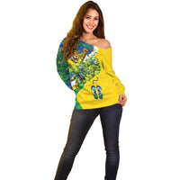 Brazil Football World Champions 2026 Off Shoulder Sweater Brasil Futebol - Jaguar Mascot - Vibrant Carnival Style