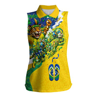 Brazil Football World Champions 2026 Women Sleeveless Polo Shirt Brasil Futebol - Jaguar Mascot - Vibrant Carnival Style