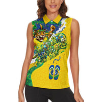Brazil Football World Champions 2026 Women Sleeveless Polo Shirt Brasil Futebol - Jaguar Mascot - Vibrant Carnival Style
