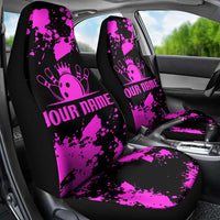 Pink Paint Splatter Design Car Seat Cover with Bowling Graphic and Custom Team Name Text - Wonder Print Shop
