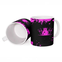 Pink Paint Splatter Design Ceramic Mug with Bowling Graphic and Custom Team Name Text - Wonder Print Shop