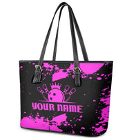 Pink Paint Splatter Design Leather Tote Bag with Bowling Graphic and Custom Team Name Text - Wonder Print Shop