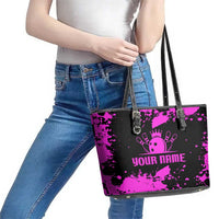 Pink Paint Splatter Design Leather Tote Bag with Bowling Graphic and Custom Team Name Text - Wonder Print Shop