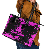 Pink Paint Splatter Design Leather Tote Bag with Bowling Graphic and Custom Team Name Text - Wonder Print Shop