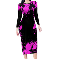 Pink Paint Splatter Design Long Sleeve Bodycon Dress with Bowling Graphic and Custom Team Name Text - Wonder Print Shop