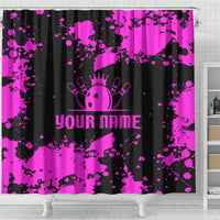 Pink Paint Splatter Design Shower Curtain with Bowling Graphic and Custom Team Name Text - Wonder Print Shop