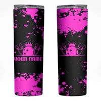 Pink Paint Splatter Design Skinny Tumbler with Bowling Graphic and Custom Team Name Text - Wonder Print Shop