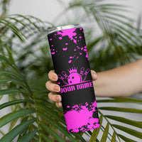 Pink Paint Splatter Design Skinny Tumbler with Bowling Graphic and Custom Team Name Text - Wonder Print Shop