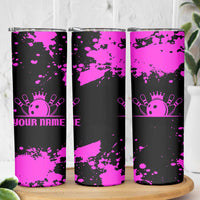 Pink Paint Splatter Design Skinny Tumbler with Bowling Graphic and Custom Team Name Text - Wonder Print Shop