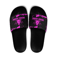Pink Paint Splatter Design Slide Sandals with Bowling Graphic and Custom Team Name Text - Wonder Print Shop