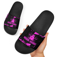 Pink Paint Splatter Design Slide Sandals with Bowling Graphic and Custom Team Name Text - Wonder Print Shop
