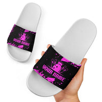 Pink Paint Splatter Design Slide Sandals with Bowling Graphic and Custom Team Name Text - Wonder Print Shop
