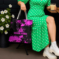Pink Paint Splatter Design Tote Bag with Bowling Graphic and Custom Team Name Text - Wonder Print Shop