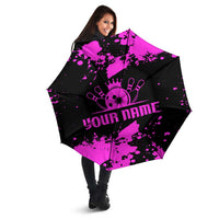 Pink Paint Splatter Design Umbrella with Bowling Graphic and Custom Team Name Text - Wonder Print Shop