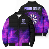 Dartboard and Darts Bomber Puffer Jacket with Purple Smoke Background and Custom Team Name - Wonder Print Shop