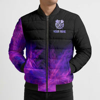 Dartboard and Darts Bomber Puffer Jacket with Purple Smoke Background and Custom Team Name - Wonder Print Shop