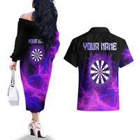 Dartboard and Darts Couples Matching Off The Shoulder Long Sleeve Dress and Hawaiian Shirt with Purple Smoke Background and Custom Team Name - Wonder Print Shop