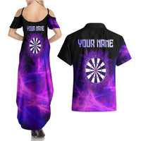 Dartboard and Darts Couples Matching Summer Maxi Dress and Hawaiian Shirt with Purple Smoke Background and Custom Team Name - Wonder Print Shop