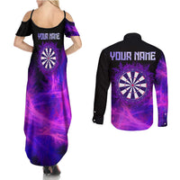 Dartboard and Darts Couples Matching Summer Maxi Dress and Long Sleeve Button Shirt with Purple Smoke Background and Custom Team Name - Wonder Print Shop