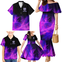 Dartboard and Darts Family Matching Mermaid Dress and Hawaiian Shirt with Purple Smoke Background and Custom Team Name - Wonder Print Shop