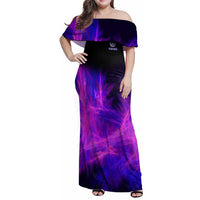 Dartboard and Darts Family Matching Off Shoulder Maxi Dress and Hawaiian Shirt with Purple Smoke Background and Custom Team Name - Wonder Print Shop
