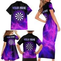 Dartboard and Darts Family Matching Short Sleeve Bodycon Dress and Hawaiian Shirt with Purple Smoke Background and Custom Team Name - Wonder Print Shop
