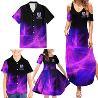 Dartboard and Darts Family Matching Summer Maxi Dress and Hawaiian Shirt with Purple Smoke Background and Custom Team Name - Wonder Print Shop