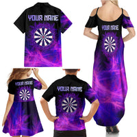 Dartboard and Darts Family Matching Summer Maxi Dress and Hawaiian Shirt with Purple Smoke Background and Custom Team Name - Wonder Print Shop