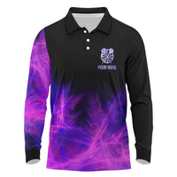 Dartboard and Darts Long Sleeve Polo Shirt with Purple Smoke Background and Custom Team Name - Wonder Print Shop