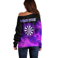 Dartboard and Darts Off Shoulder Sweater with Purple Smoke Background and Custom Team Name - Wonder Print Shop