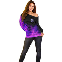 Dartboard and Darts Off Shoulder Sweater with Purple Smoke Background and Custom Team Name - Wonder Print Shop