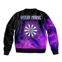Dartboard and Darts Sleeve Zip Bomber Jacket with Purple Smoke Background and Custom Team Name - Wonder Print Shop