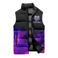 Dartboard and Darts Sleeveless Puffer Jacket with Purple Smoke Background and Custom Team Name - Wonder Print Shop
