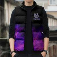 Dartboard and Darts Sleeveless Puffer Jacket with Purple Smoke Background and Custom Team Name - Wonder Print Shop