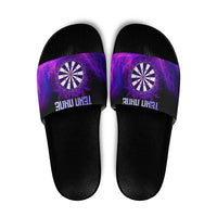 Dartboard and Darts Slide Sandals with Purple Smoke Background and Custom Team Name - Wonder Print Shop