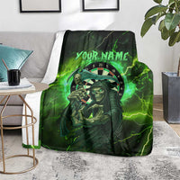 Grim Reaper and Dartboard Darts Blanket with Green Lightning Background and Custom Team Name - Wonder Print Shop