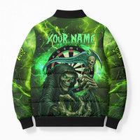 Grim Reaper and Dartboard Darts Bomber Puffer Jacket with Green Lightning Background and Custom Team Name - Wonder Print Shop