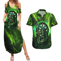 Grim Reaper and Dartboard Darts Couples Matching Summer Maxi Dress and Hawaiian Shirt with Green Lightning Background and Custom Team Name - Wonder Print Shop