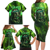 Grim Reaper and Dartboard Darts Family Matching Long Sleeve Bodycon Dress and Hawaiian Shirt with Green Lightning Background and Custom Team Name - Wonder Print Shop