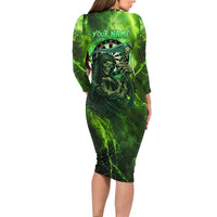 Grim Reaper and Dartboard Darts Family Matching Long Sleeve Bodycon Dress and Hawaiian Shirt with Green Lightning Background and Custom Team Name - Wonder Print Shop
