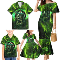 Grim Reaper and Dartboard Darts Family Matching Mermaid Dress and Hawaiian Shirt with Green Lightning Background and Custom Team Name - Wonder Print Shop